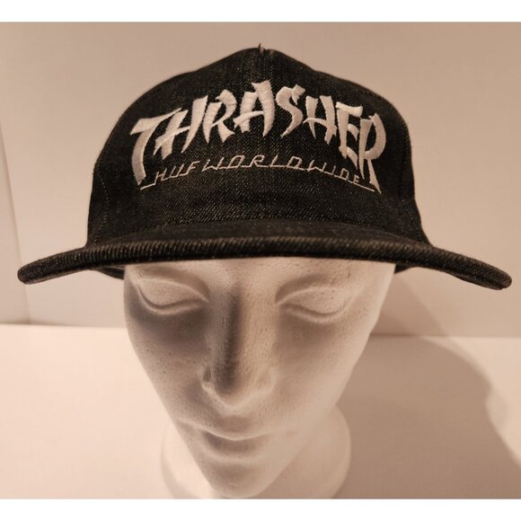 Thrasher HUF Worldwide Snapback Hat Blaxk Denim Y2K Skater 100% Cotton USA - Picture 2 of 10